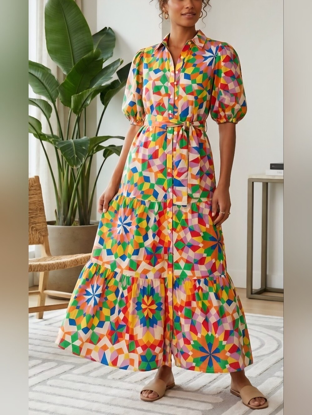 Flying Tomato Colorful Geometric Print Tiered Shirt Dress L